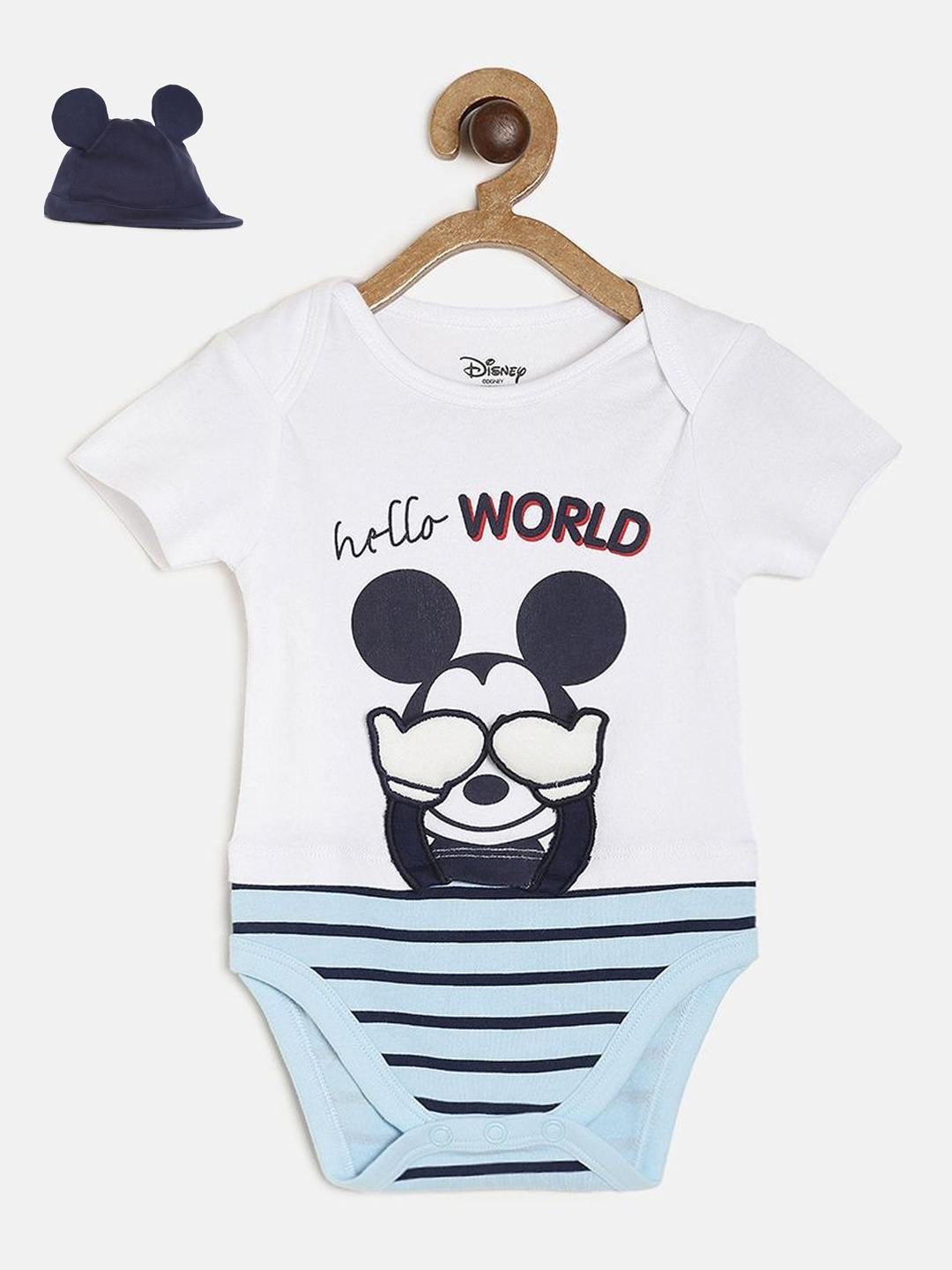 

MINI KLUB Infants Kids Blue & White Printed Pure Cotton Bodysuit With A Cap