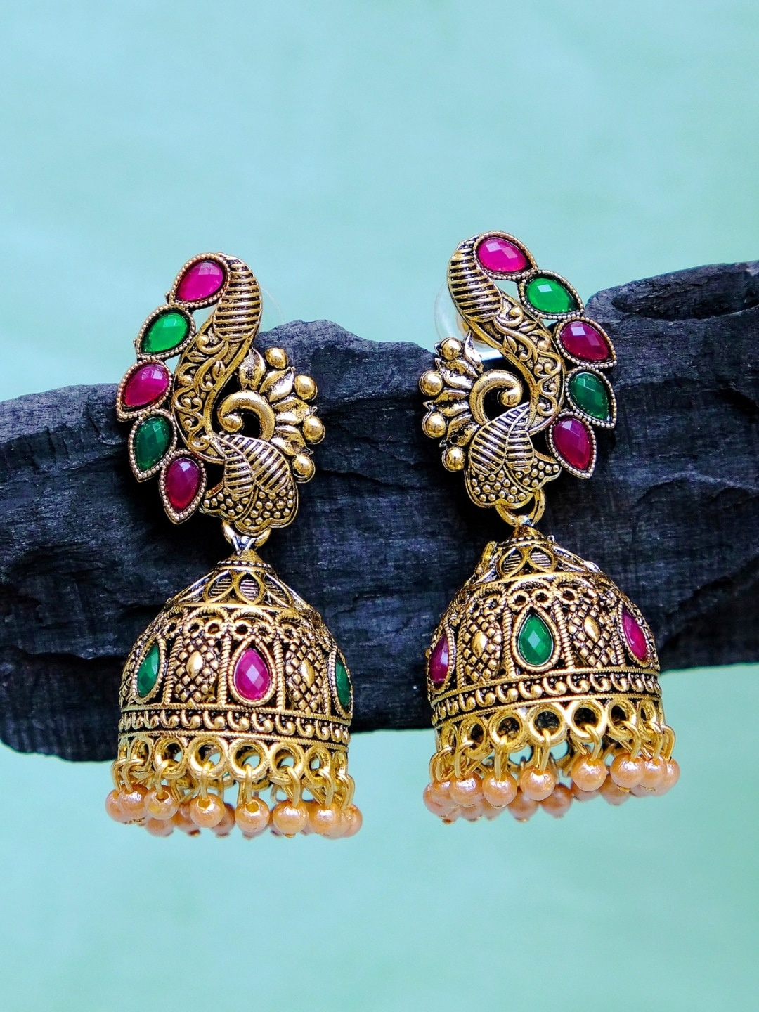 

Crunchy Fashion Gold-Toned & Green Peacock Shaped Jhumkas Earrings