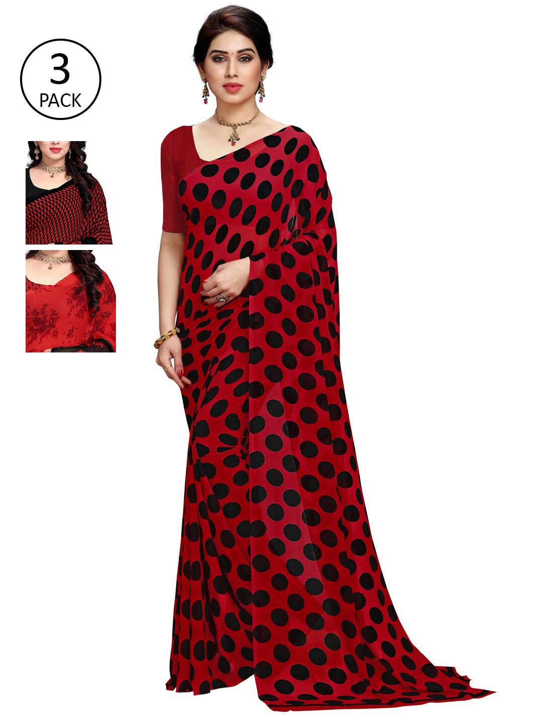 

KALINI Pack Of 3 Poly Georgette Printed Sarees, Red