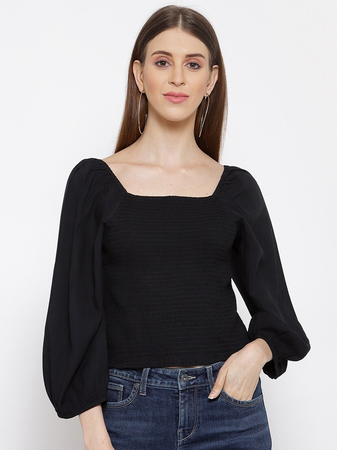 

SCOUP Black Puff Sleeve Smocked Crepe Regular Top