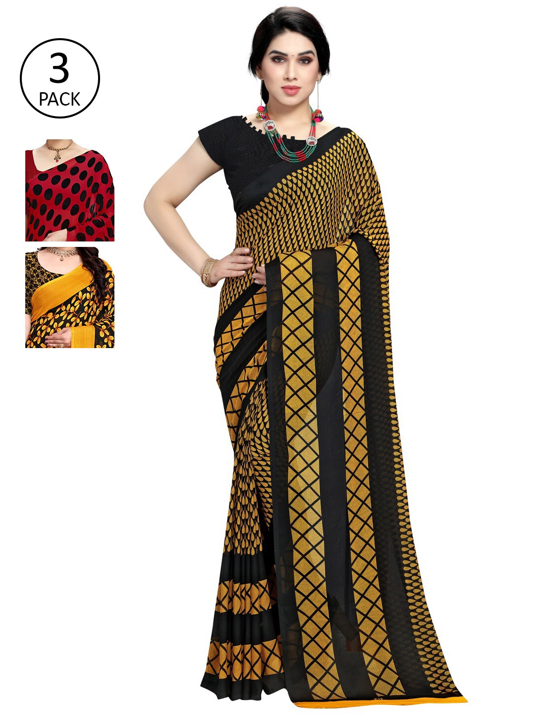 

KALINI Yellow & Red Pack of 3 Printed Sarees