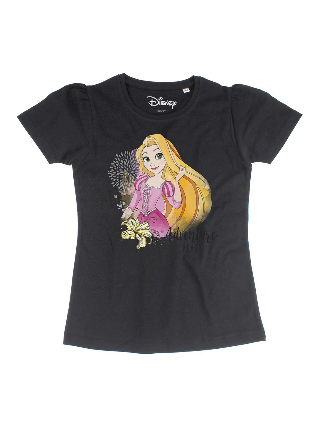 

Disney by Wear Your Mind Girls Black Rapunzel Printed Puff Sleeves Cotton T-shirt