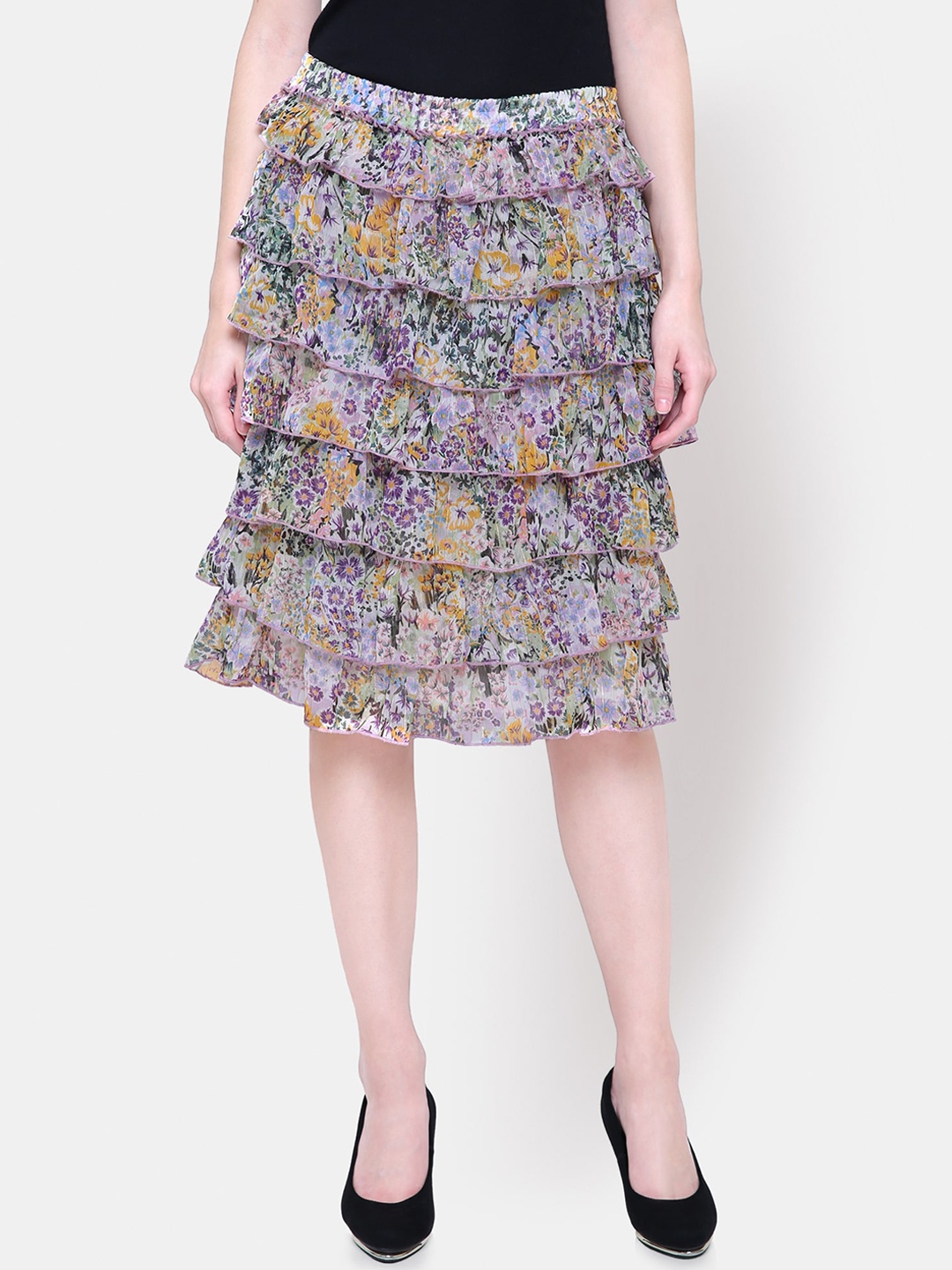 

Yaadleen Women Multicoloured Floral Printed Tiered Knee-Length Skirt, Purple