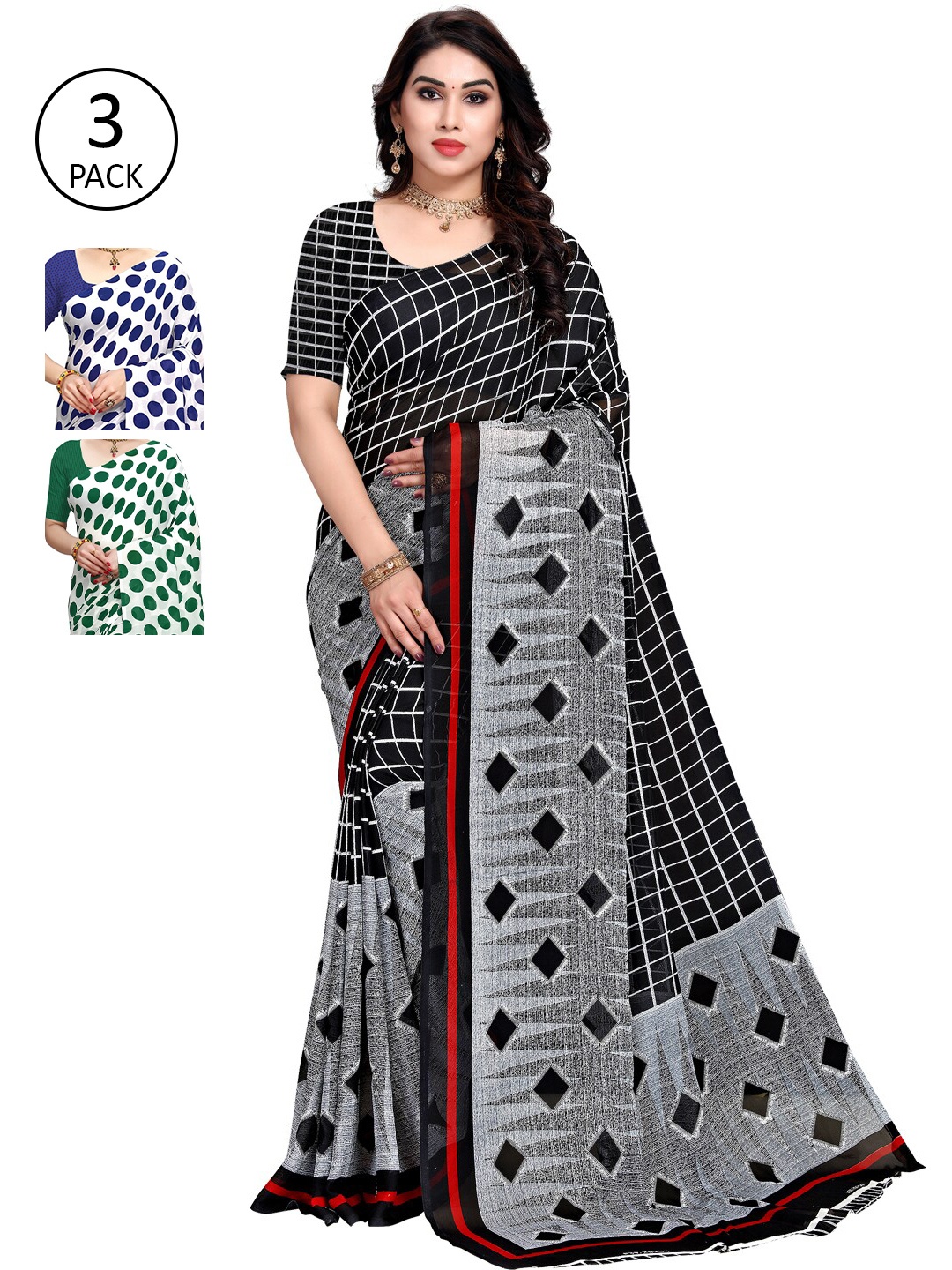 

KALINI Pack Of 3 Poly Georgette Printed Sarees, Grey