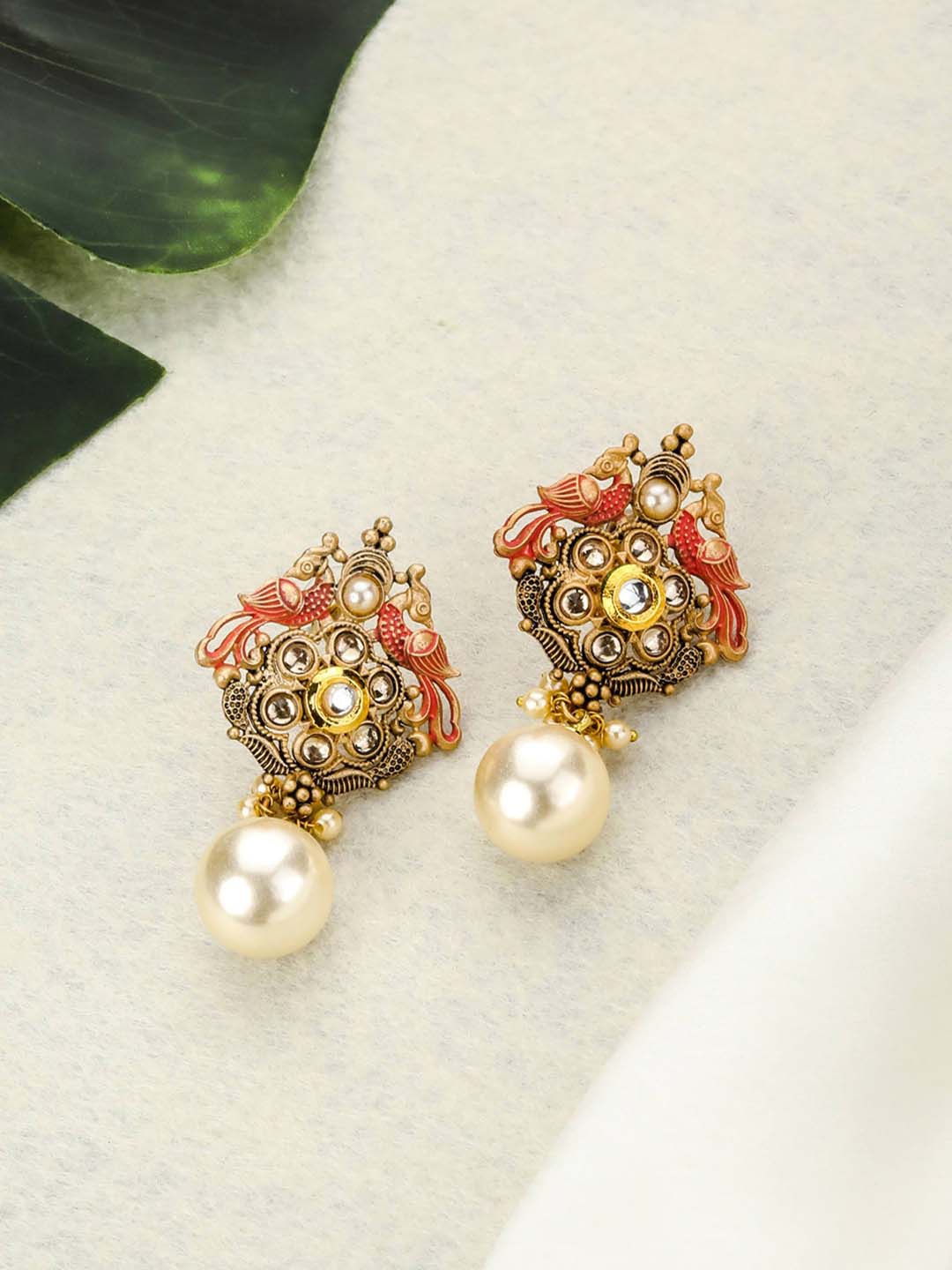 Priyaasi Women Pink & Gold-Toned Pearls Gold Plated Peacock Shaped Drop Earrings