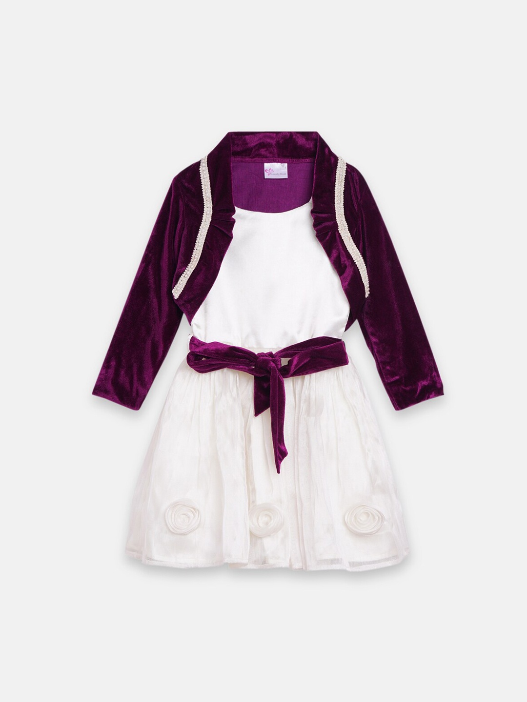 

Butterfly Blush Girls Off White & Purple Fit & Flare Dress With Shrug