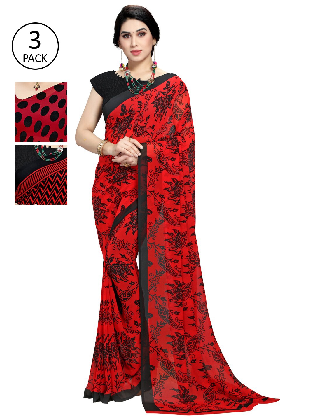

KALINI Pack Of 3 Poly Georgette Printed Sarees, Red