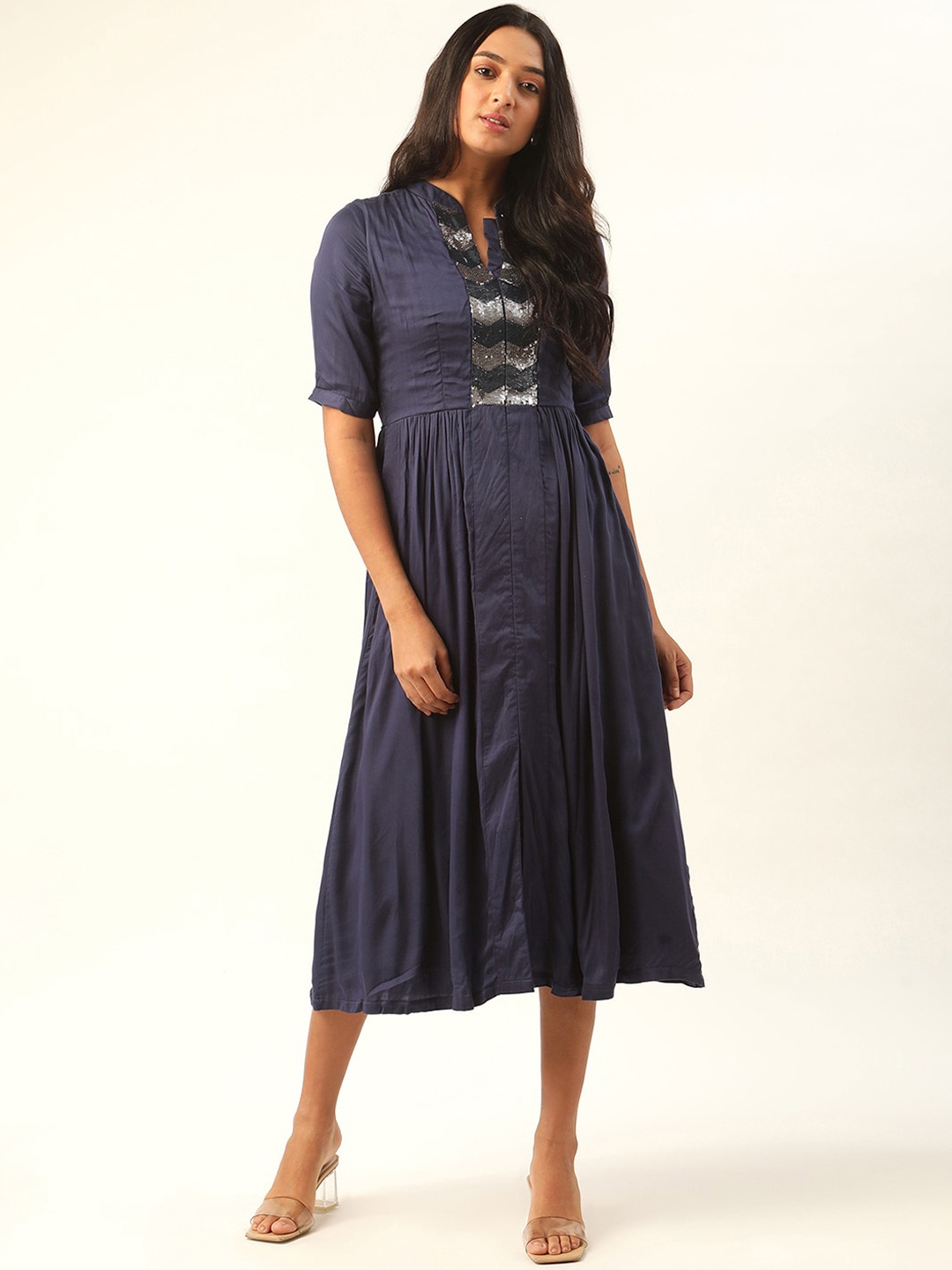 

ROOTED Navy Blue Embellished Midi Dress