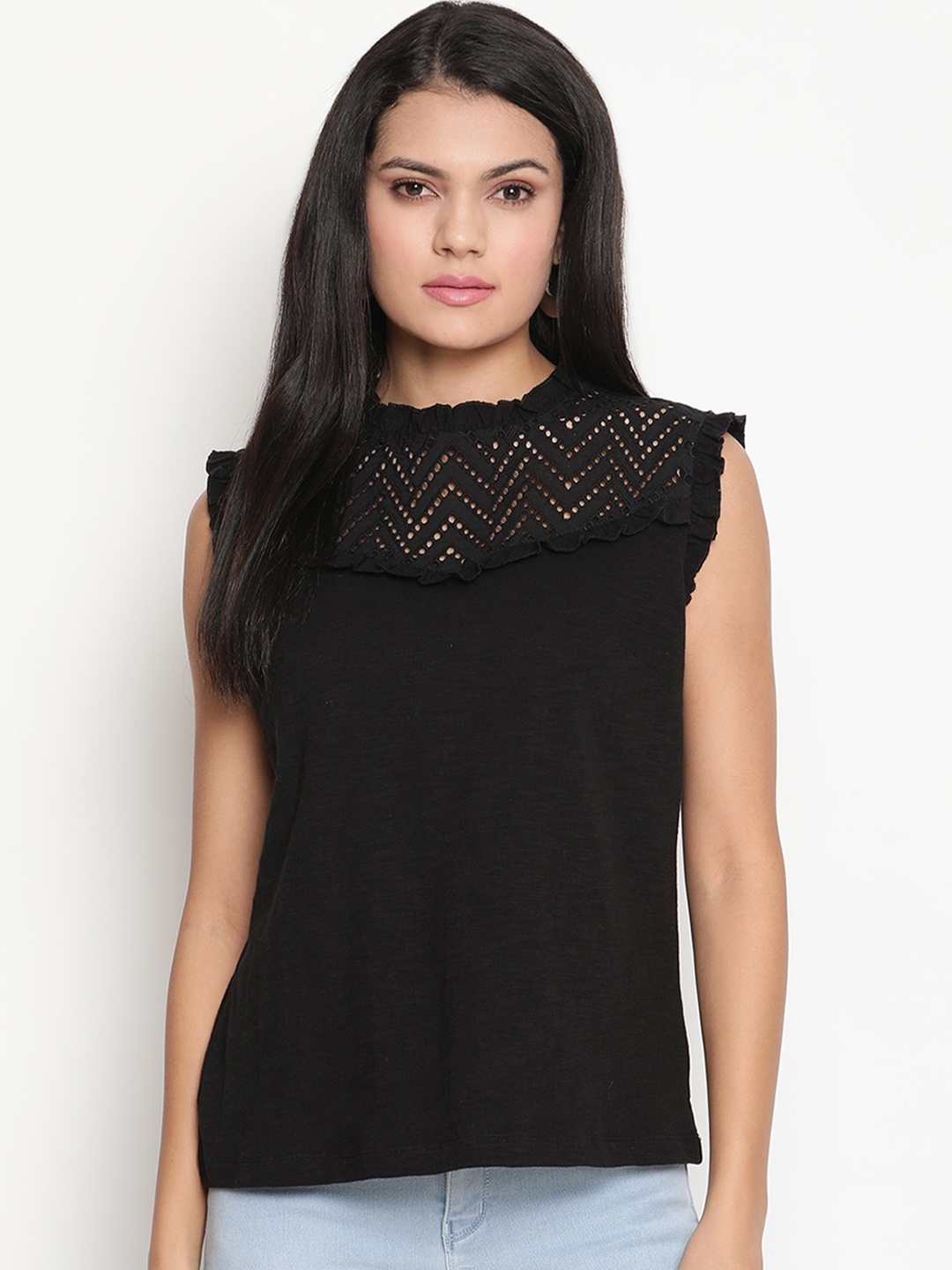 

HOUSE OF KKARMA Women Black Schiffli Top