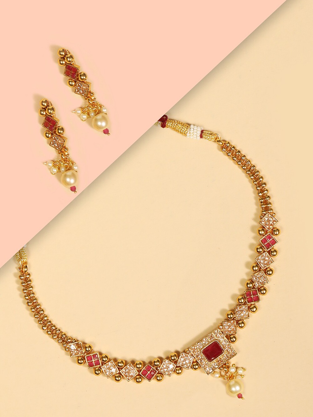 

Priyaasi Gold-Plated Pink & White Stone-Studded & Beaded Handcrafted Jewellery Set