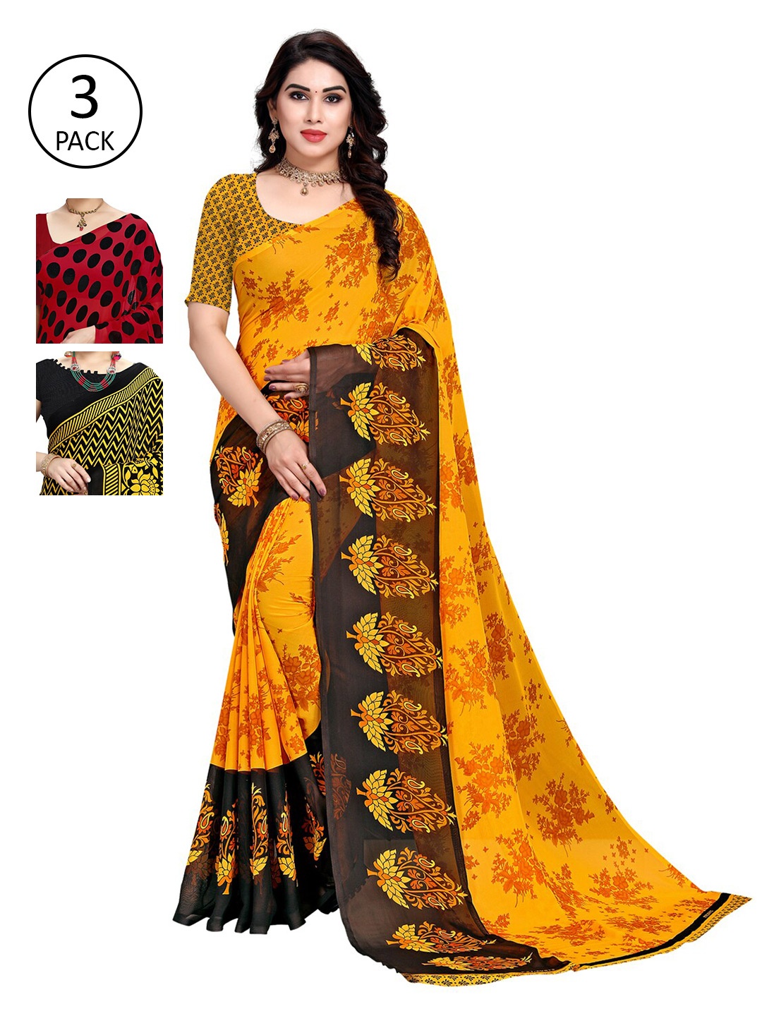 

KALINI Pack Of 3 Poly Georgette Printed Sarees, Yellow