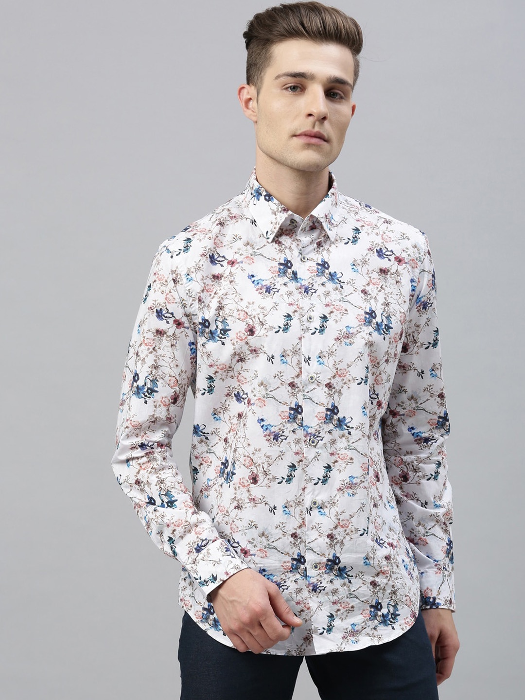 

RARE RABBIT Men White Floral Printed Casual Shirt