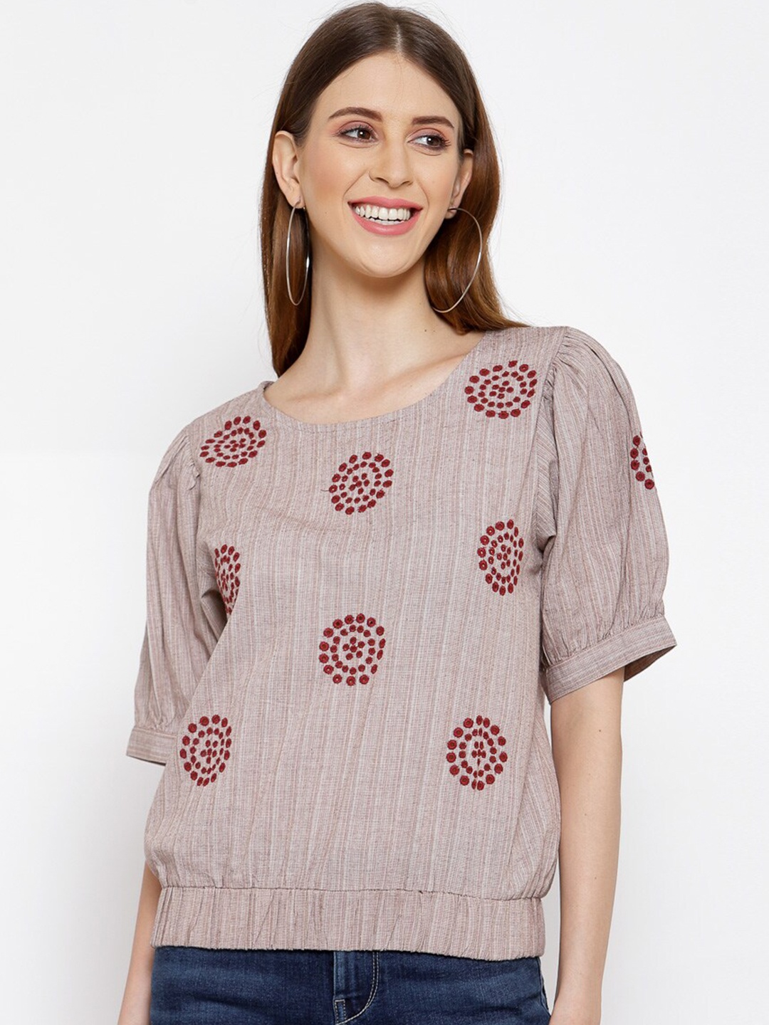 

SCOUP Brown Embroidered Puff Sleeve Blouson Top