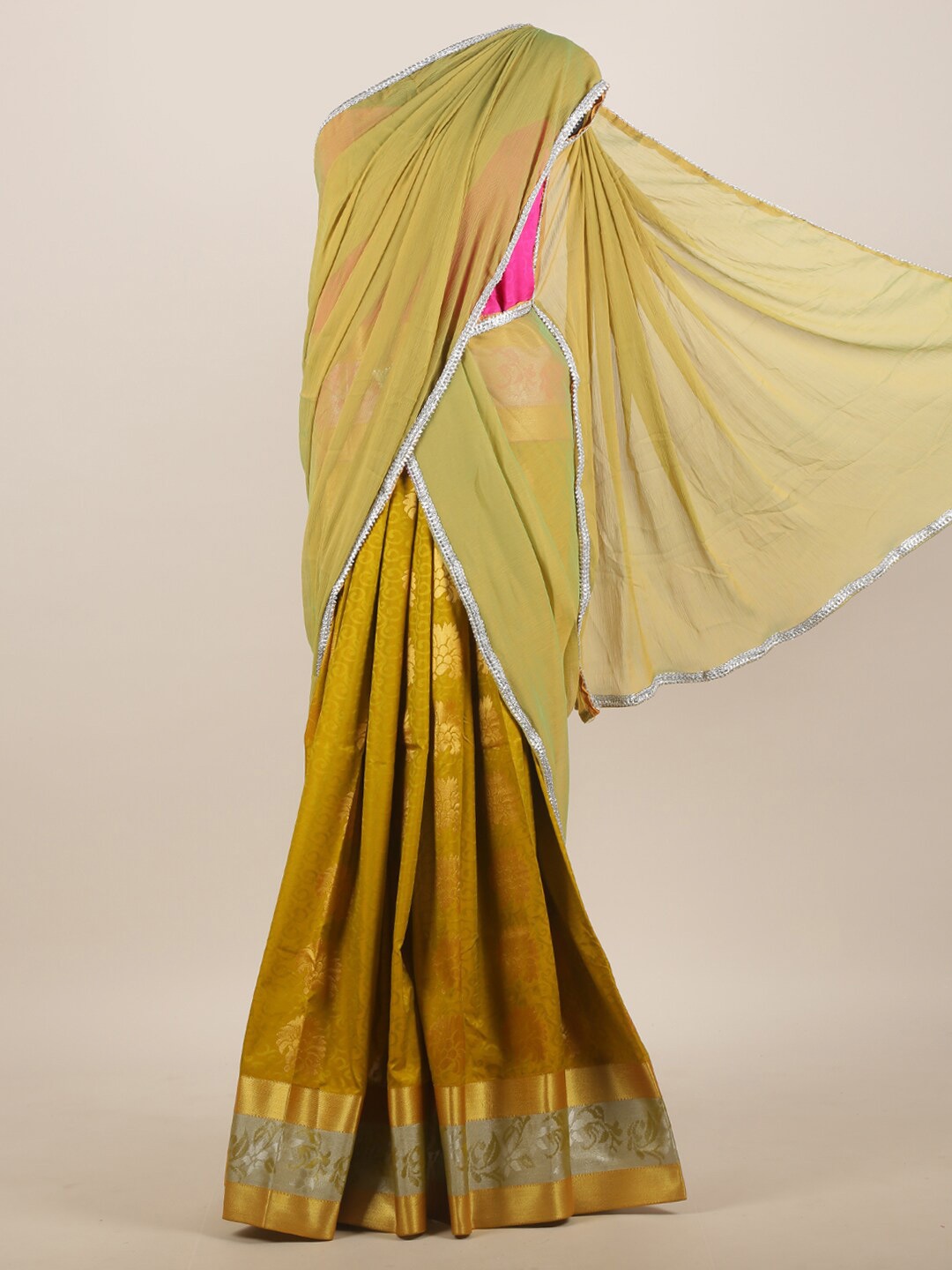

Pothys Green & Mustard Woven Design Zari Half and Half Saree