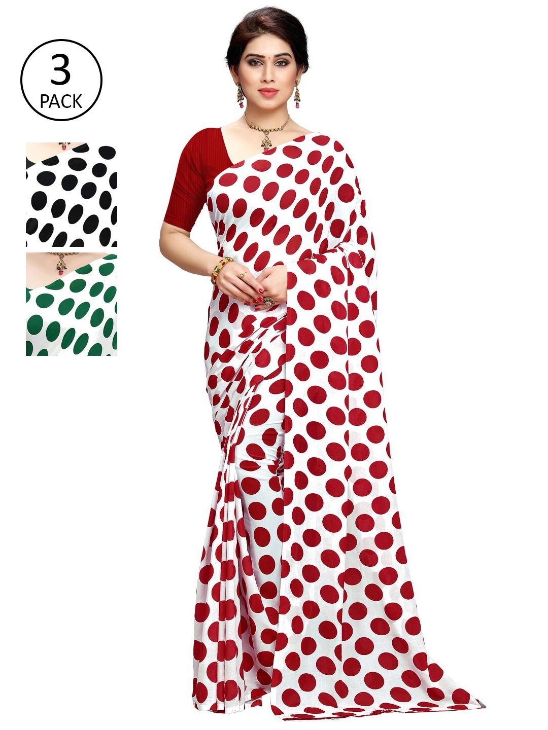 

KALINI Pack Of 3 Poly Georgette Printed Sarees, Red