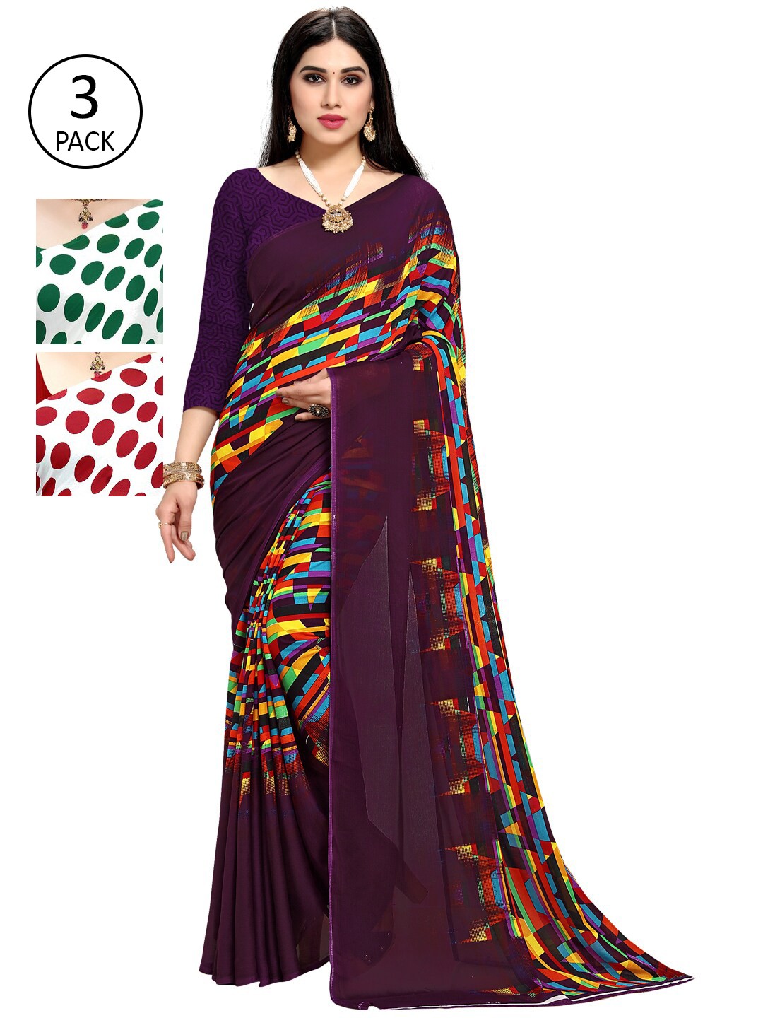 

KALINI Pack Of 3 Poly Georgette Sarees, Green