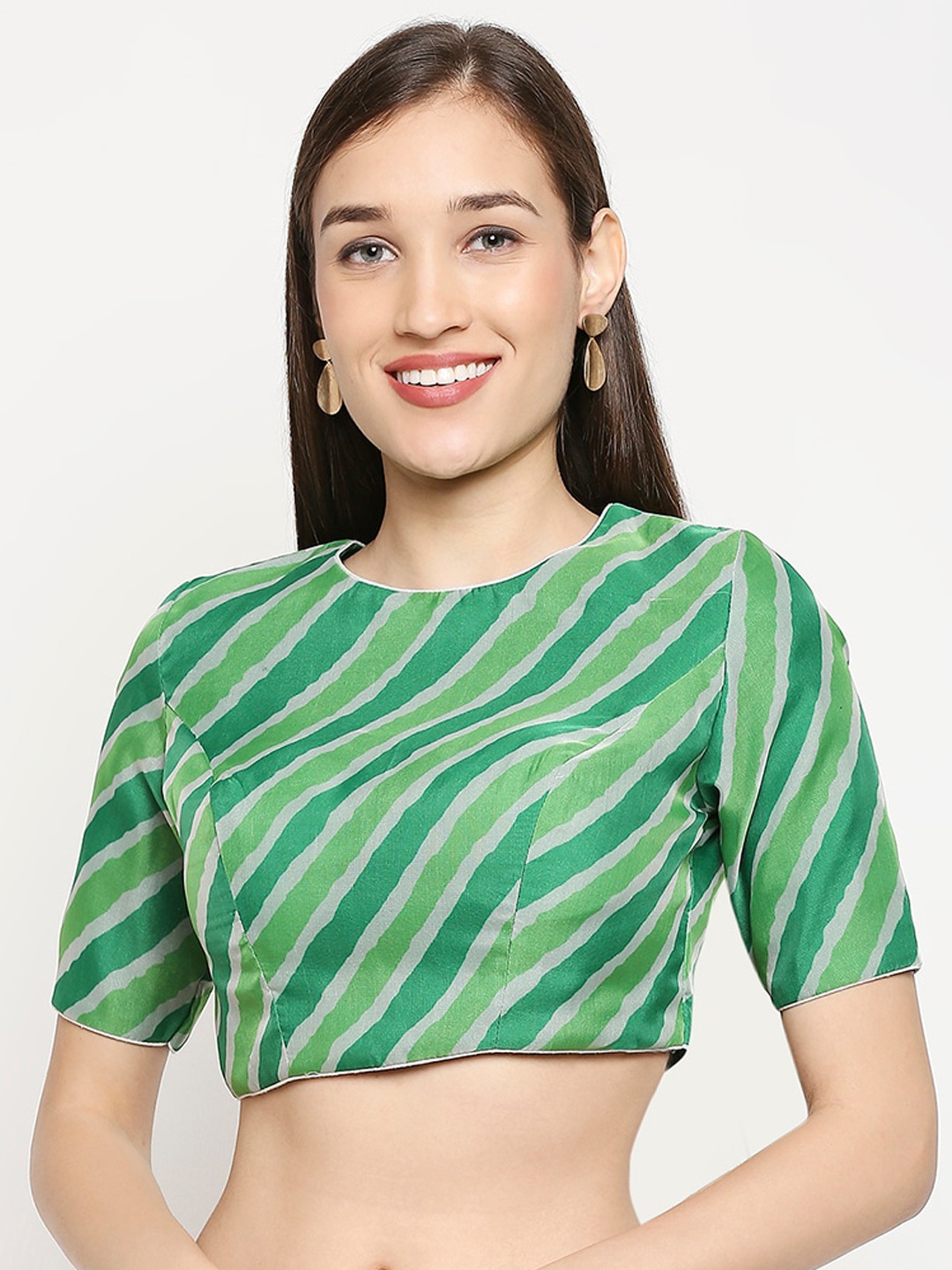 

SALWAR STUDIO Women Green & Grey Striped Orgenza Readymade Saree Blouse