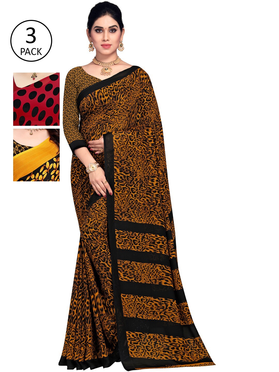 

KALINI Pack Of 3 Poly Georgette Printed Sarees, Red