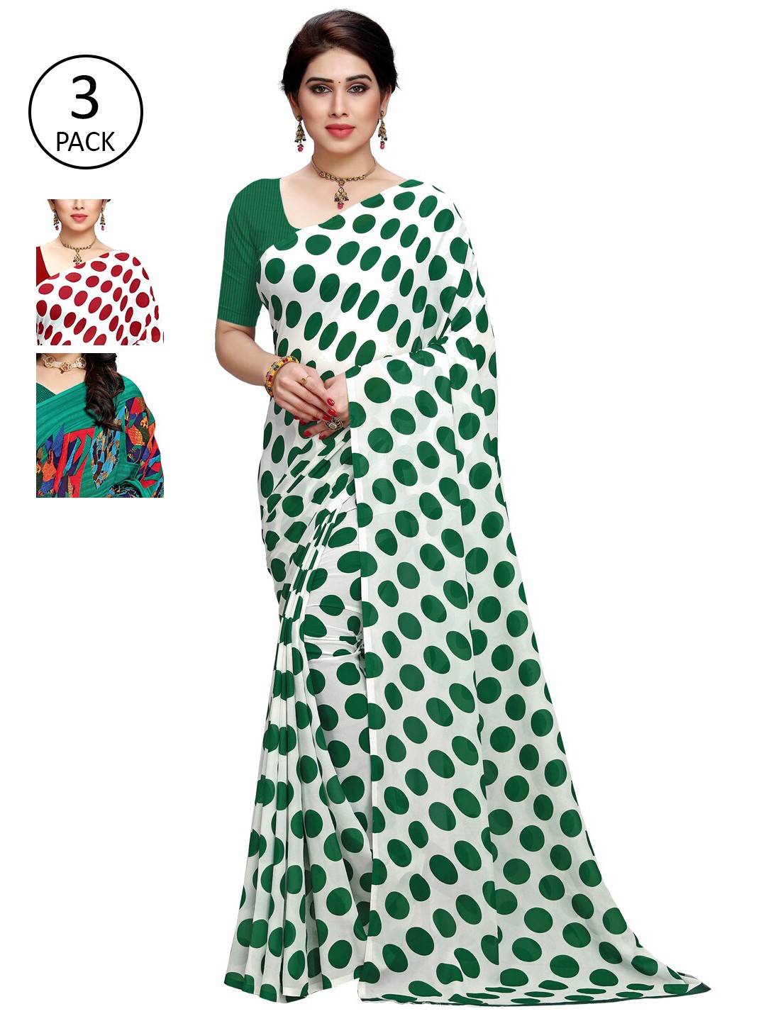 

KALINI Pack Of 3 White & Green Saree
