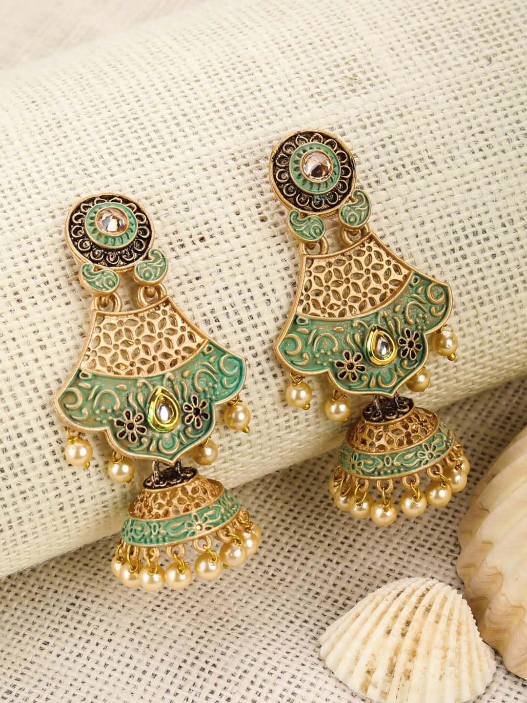 

Priyaasi Sea Green & Gold Plated Dome Shaped Pearls Beaded Handcrafted Jhumkas Earrings