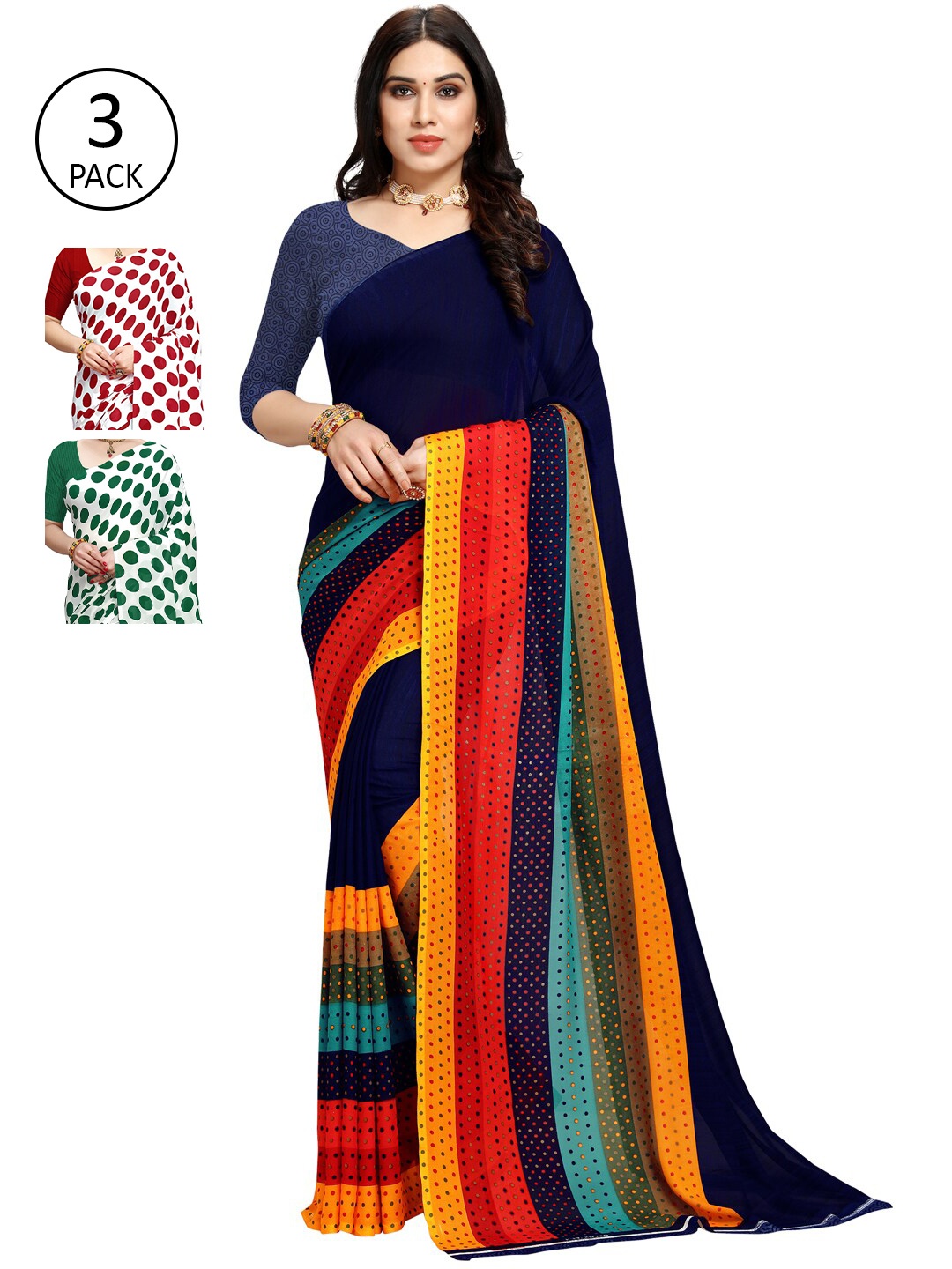 

KALINI Green & Red Pack of 3 Printed Sarees