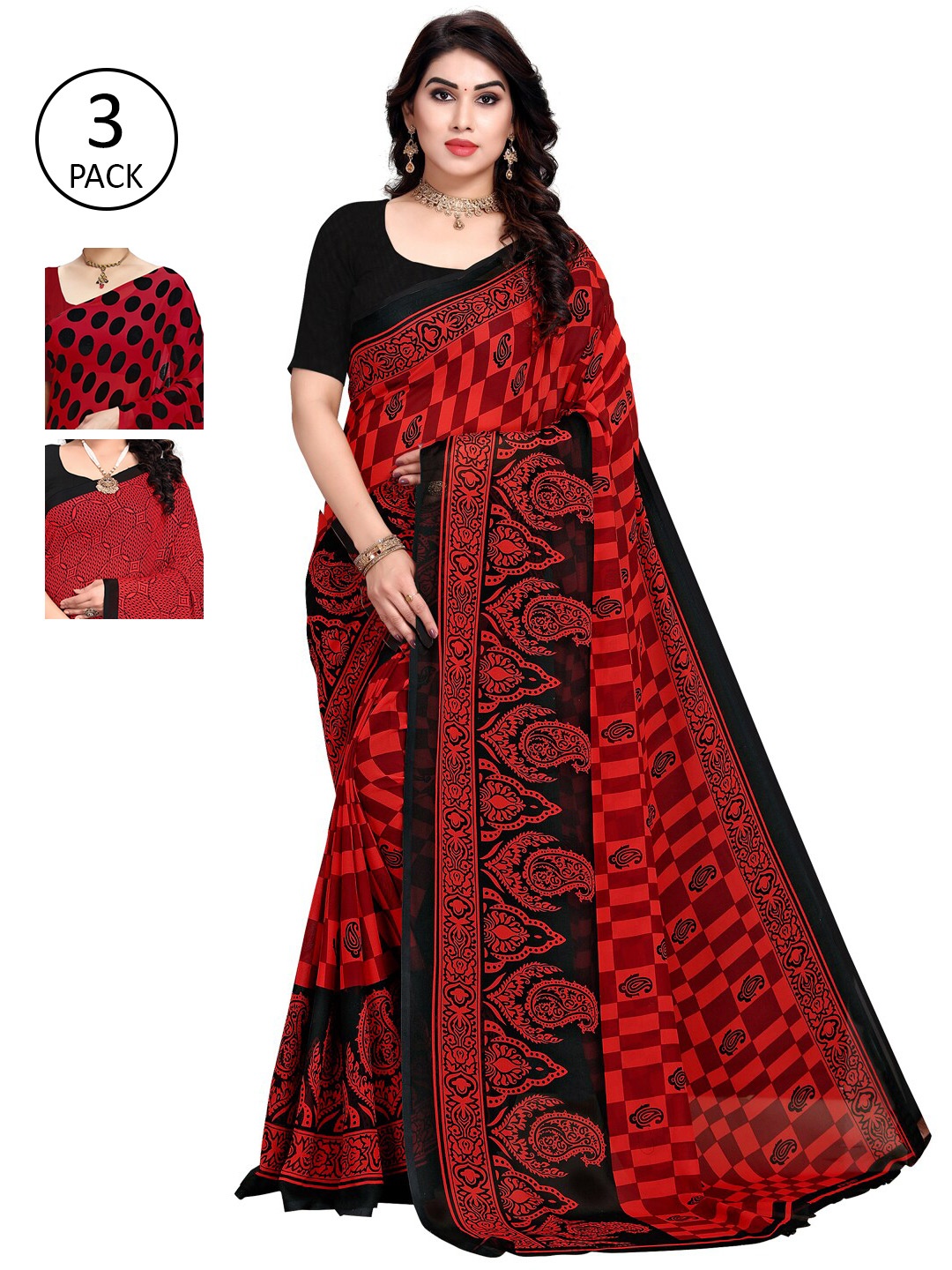 

KALINI Pack Of 3 Poly Georgette Sarees, Red