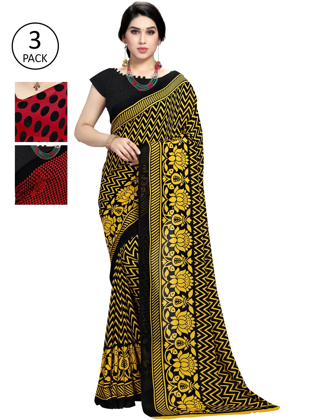 

KALINI Pack Of 3 Red & Black Saree