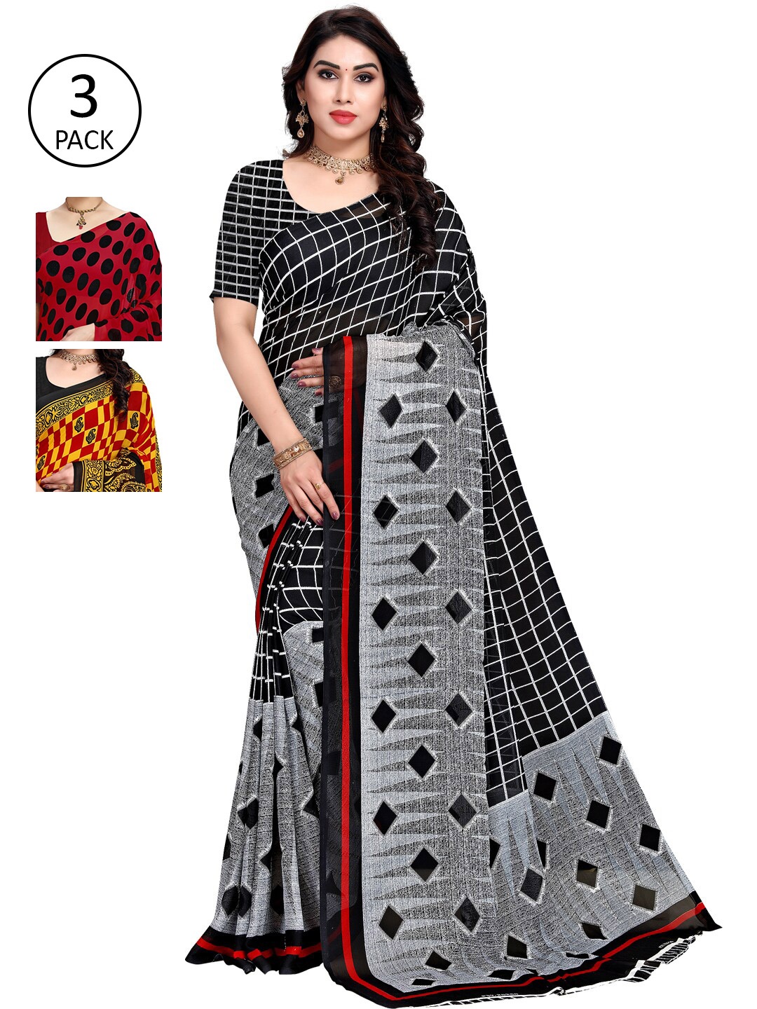 

KALINI Pack Of 3 Poly Georgette Printed Sarees, Red