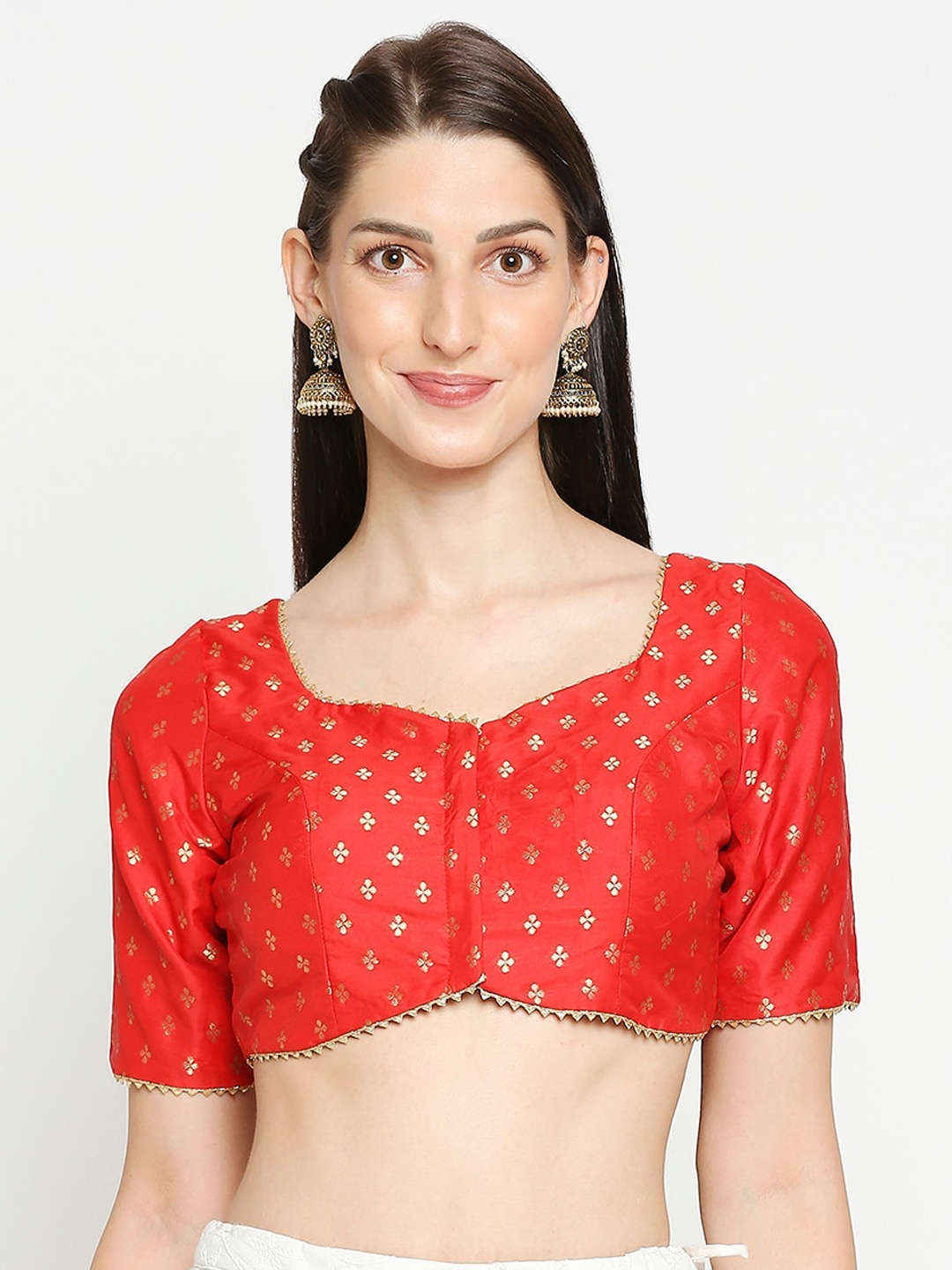 

SALWAR STUDIO Women Red & Gold-Coloured Brocade Embroidered Readymade Saree Blouse