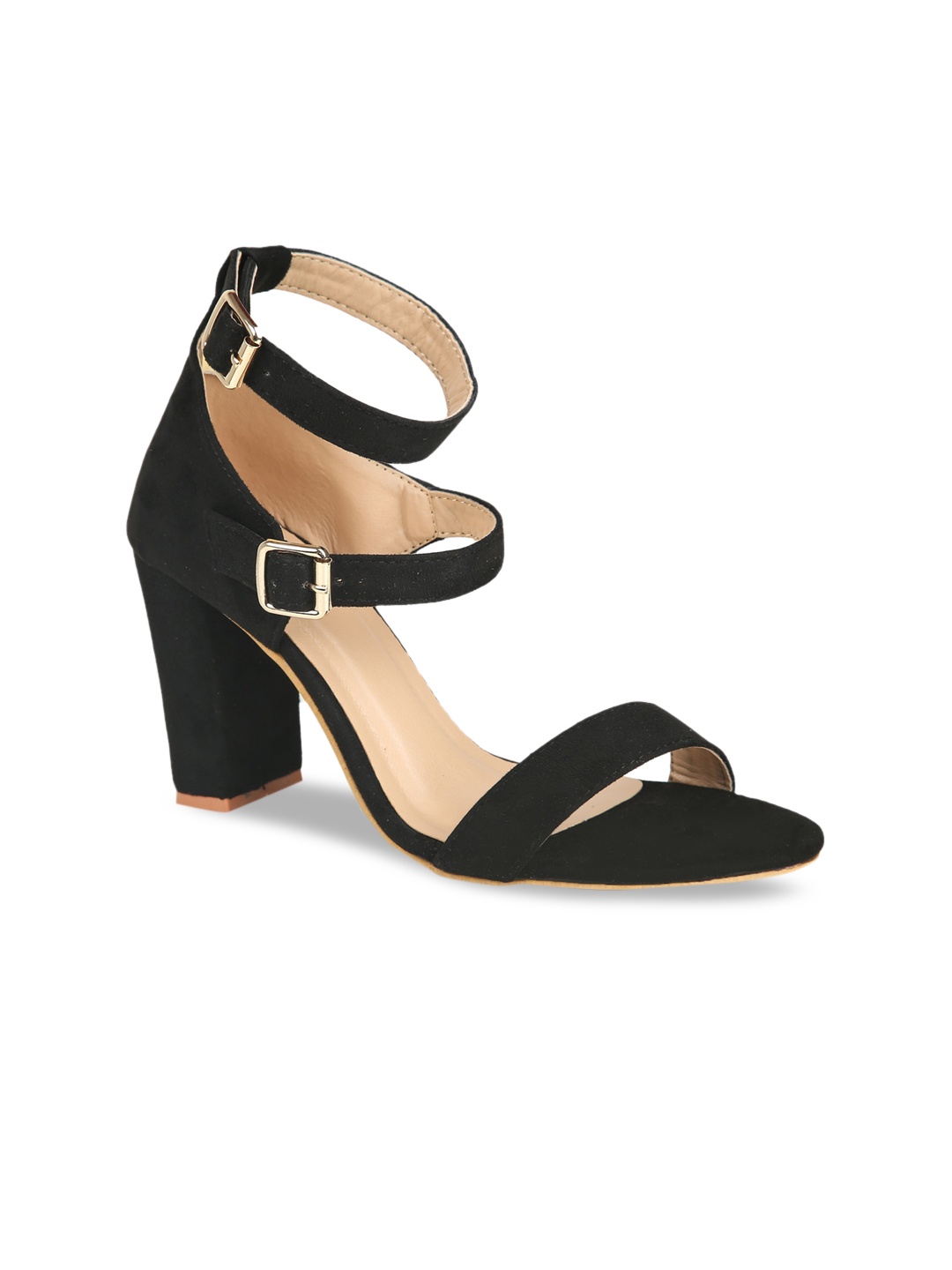 

VALIOSAA Black Suede Block Sandals with Buckles