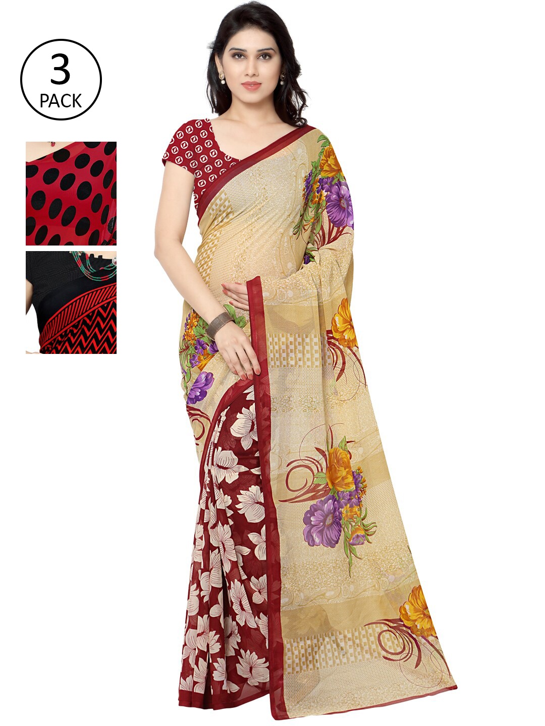 

KALINI Red & Beige Pack of 3 Printed Sarees