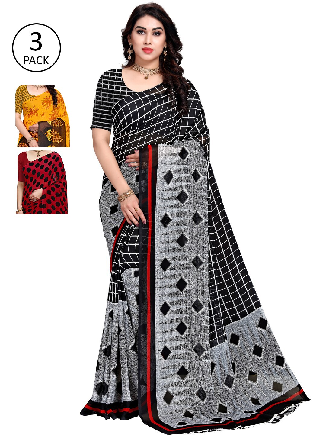 

KALINI Pack Of 3 Poly Georgette Printed Sarees, Yellow