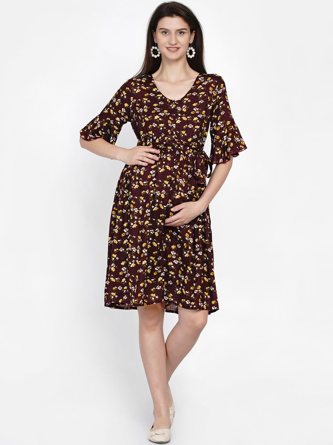 

Mine4Nine Burgundy & Yellow Floral Maternity Dress