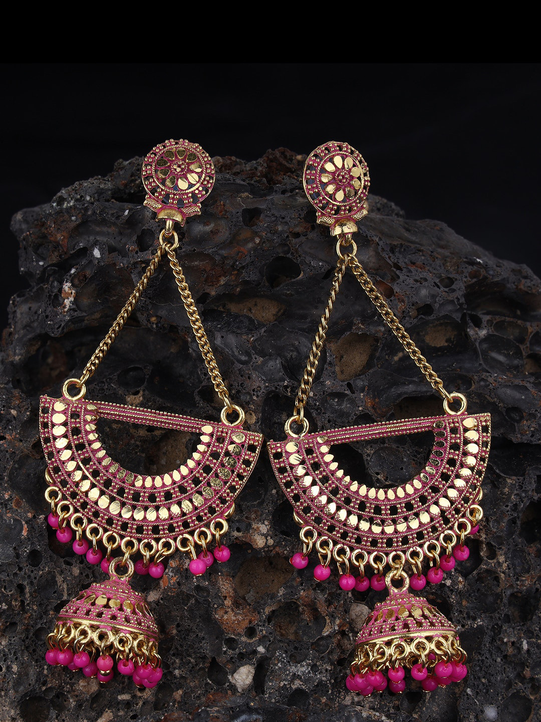 

ANIKAS CREATION Gold-Plated & Magenta Contemporary Drop Earrings