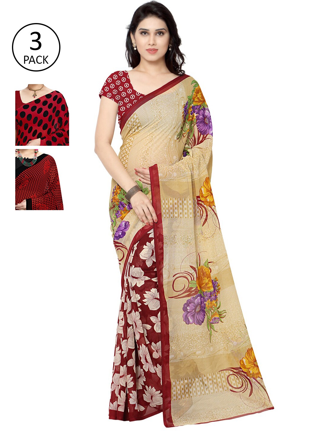 

KALINI Pack Of 3 Poly Georgette Printed Sarees, Red