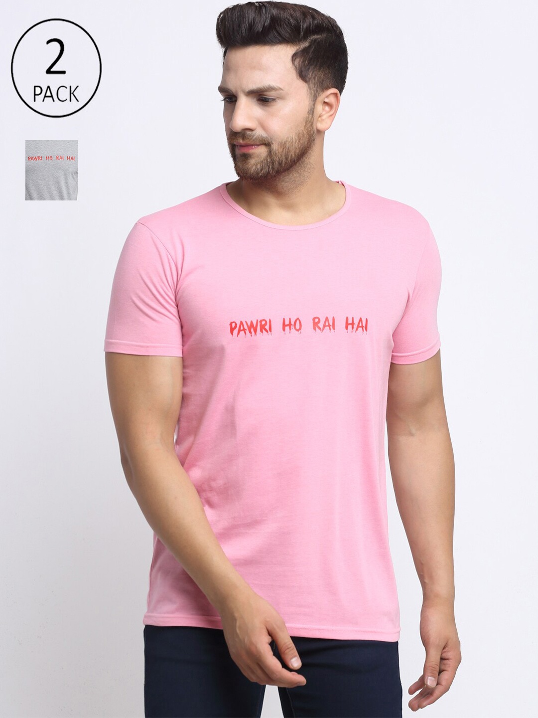 VIMAL JONNEY Men Pink & Grey Pack Of 2 Typography Printed T-shirt