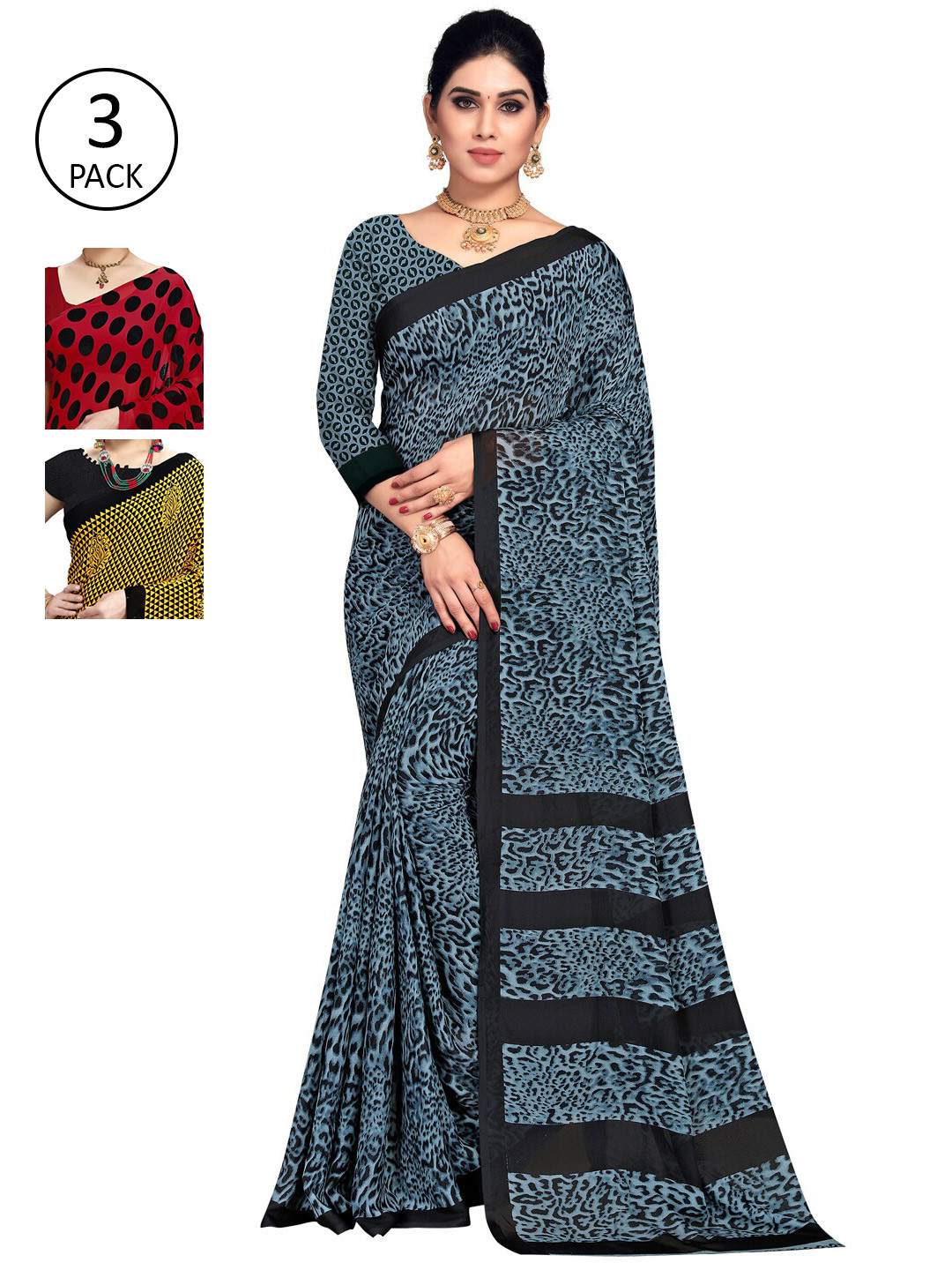 

ANAND SAREES Pack Of 3 Red Black Saree