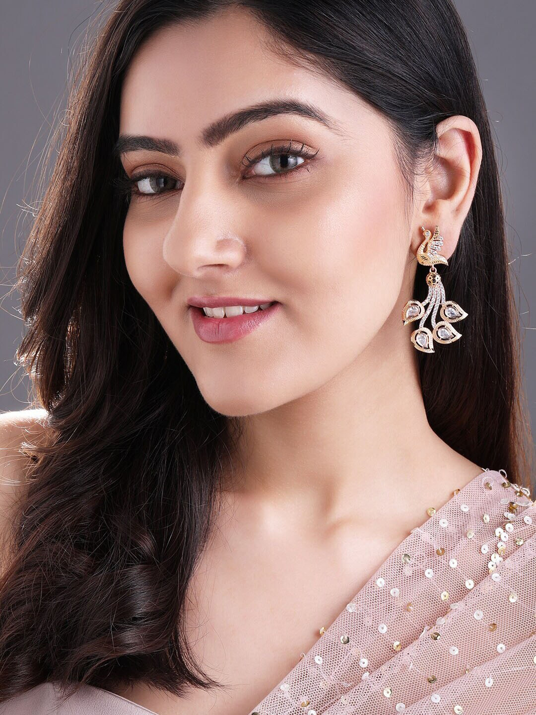 

Rubans Rose Women Gold & White Peacock Shaped Drop Earrings, Rose gold