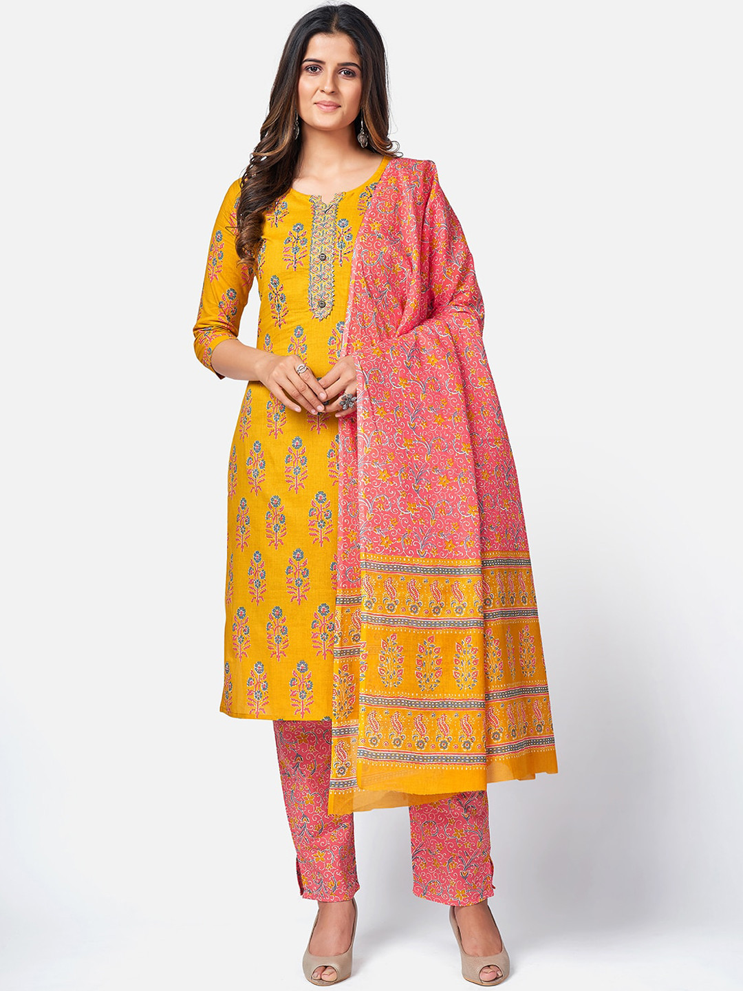 

Vbuyz Women Yellow Ethnic Motifs Printed Kurta with Trousers & With Dupatta
