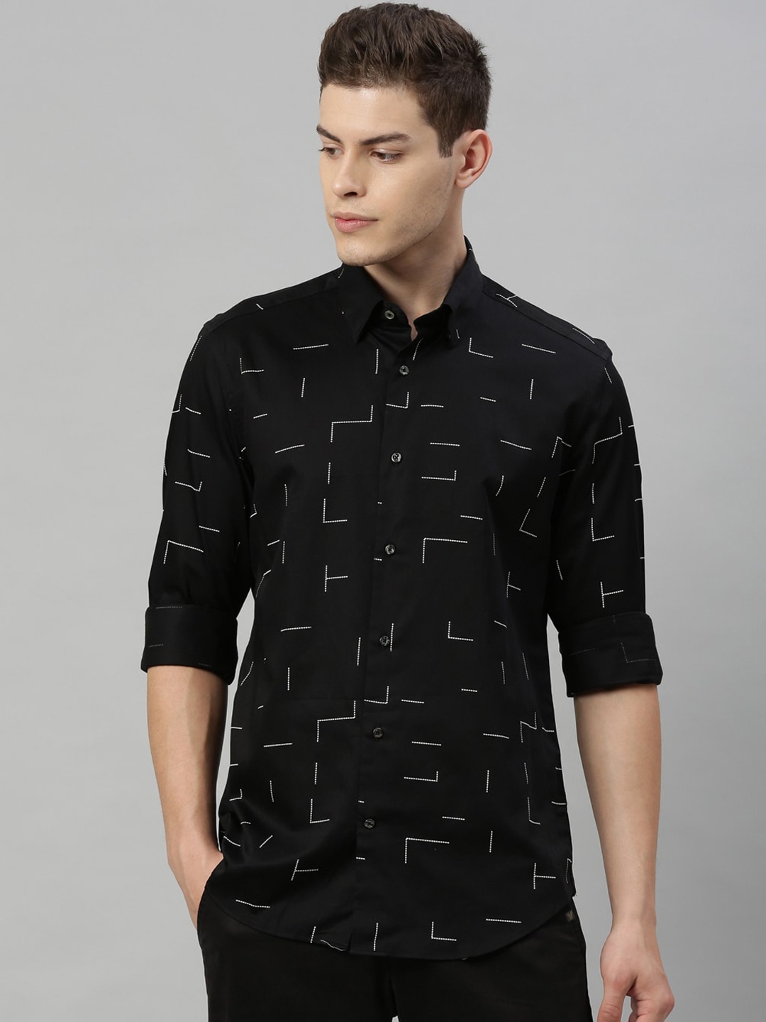 

RARE RABBIT Men Black Printed Casual Shirt