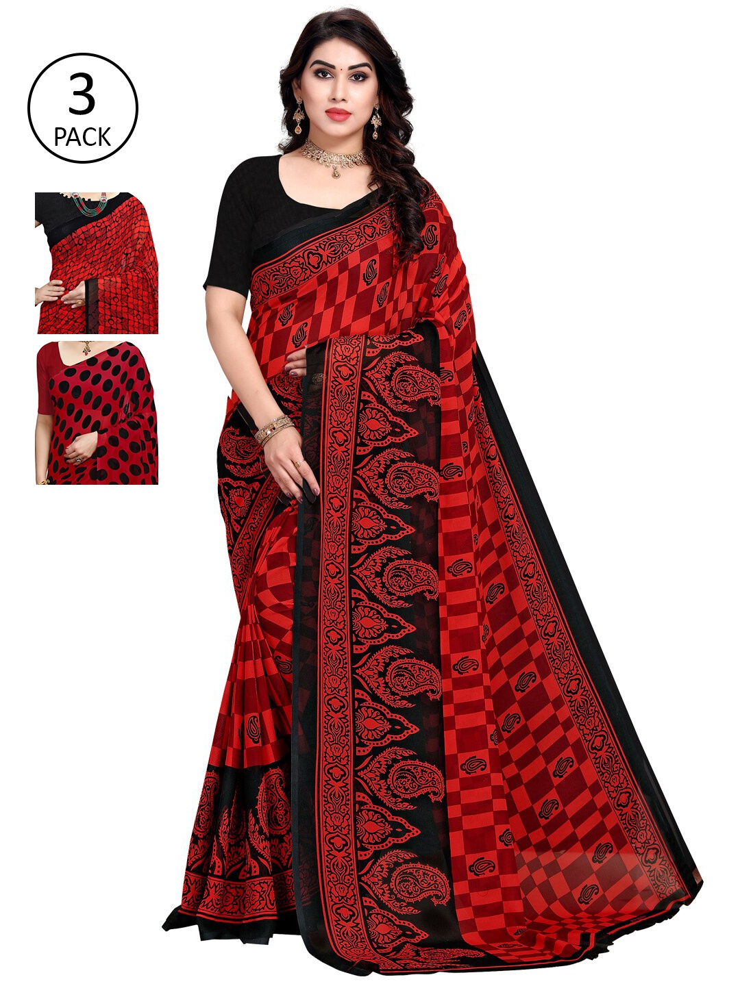 

KALINI Pack Of 3 Poly Georgette Printed Sarees, Red