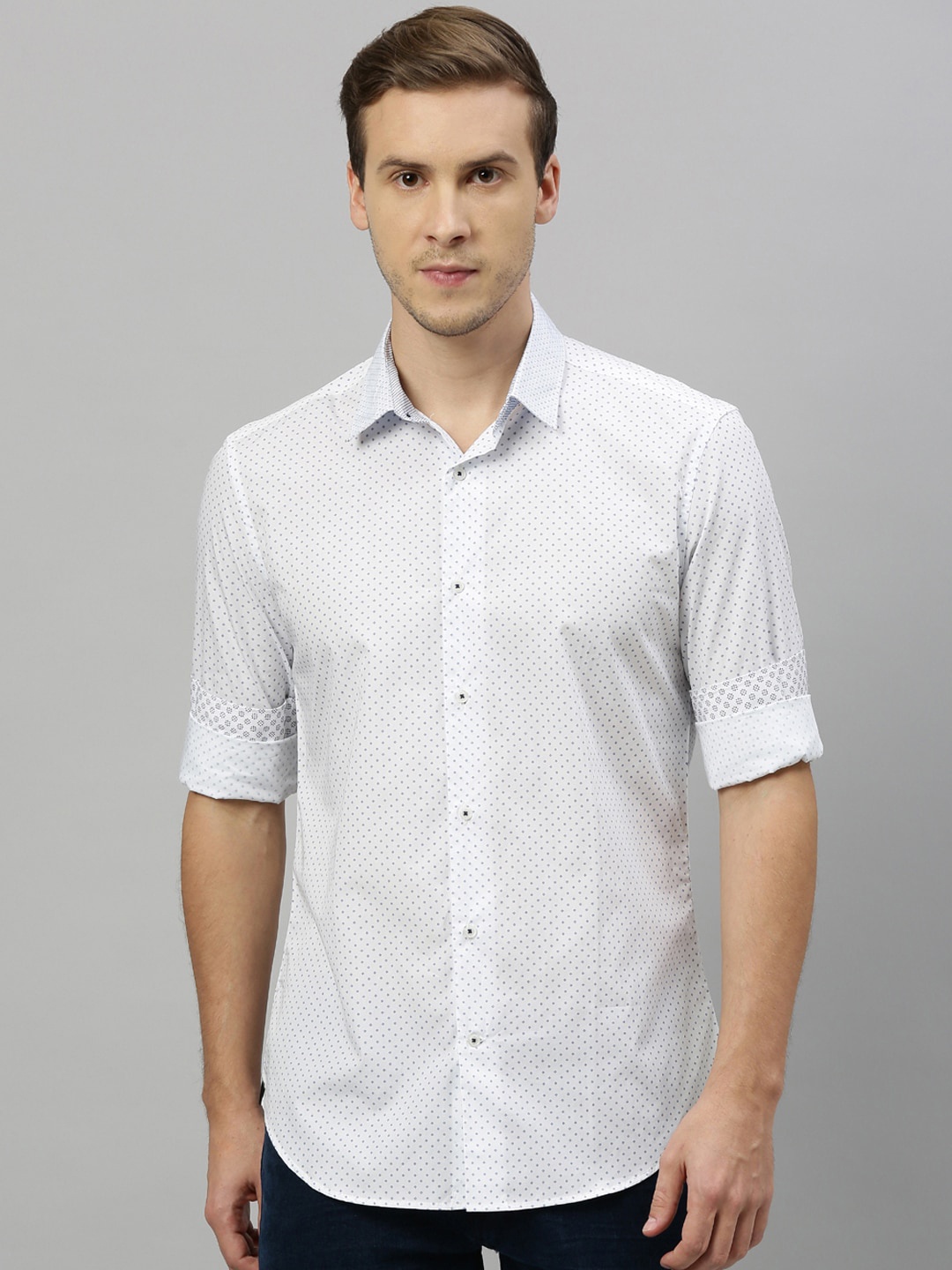 

RARE RABBIT Men White Tailored Fit Printed Cotton Casual Shirt
