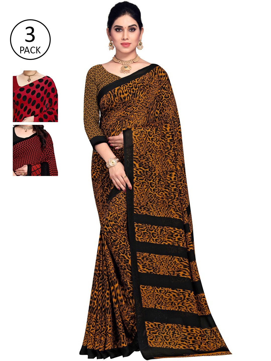 

ANAND SAREES Pack Of 3 Red & Yellow Floral Saree