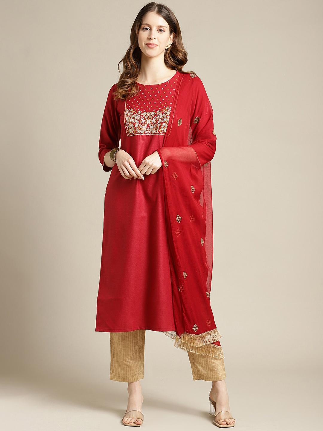 

KSUT Women Maroon Floral Embroidered Pure Cotton Kurta with Trousers & With Dupatta