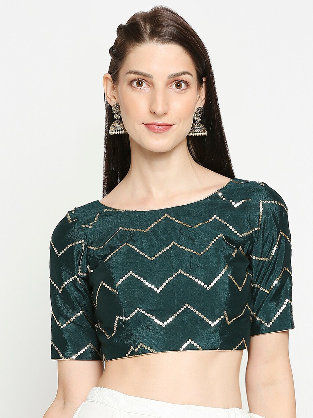 

SALWAR STUDIO Women Green & Gold-Coloured Embellished Silk Saree Blouse