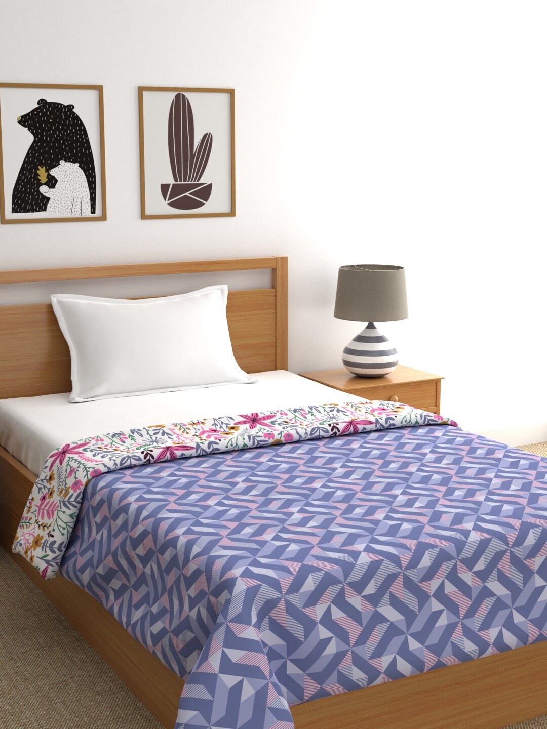 

MYTRIDENT Blue White Geometric Microfiber AC Room Single Bed Dohar