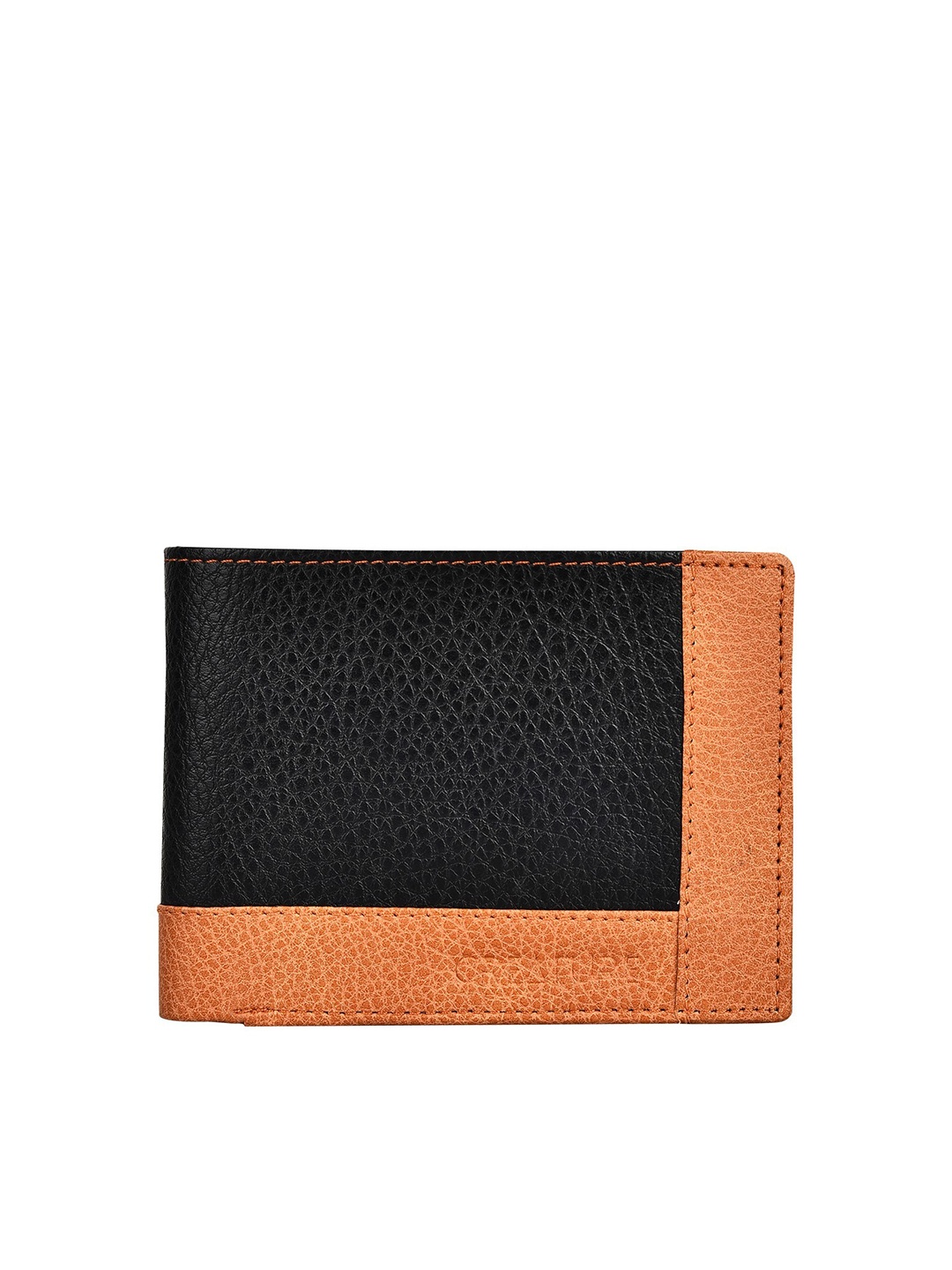 

Creature Men Black & Orange Colourblocked Textured PU Two Fold Wallet