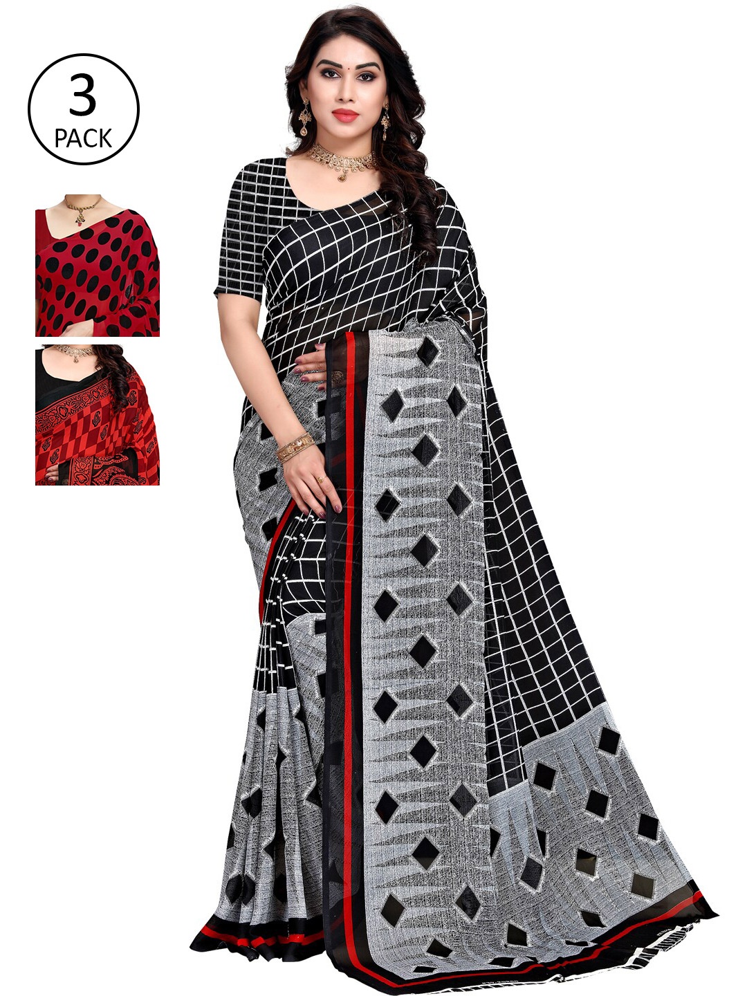 

KALINI Pack Of 3 Black & Red Floral Saree
