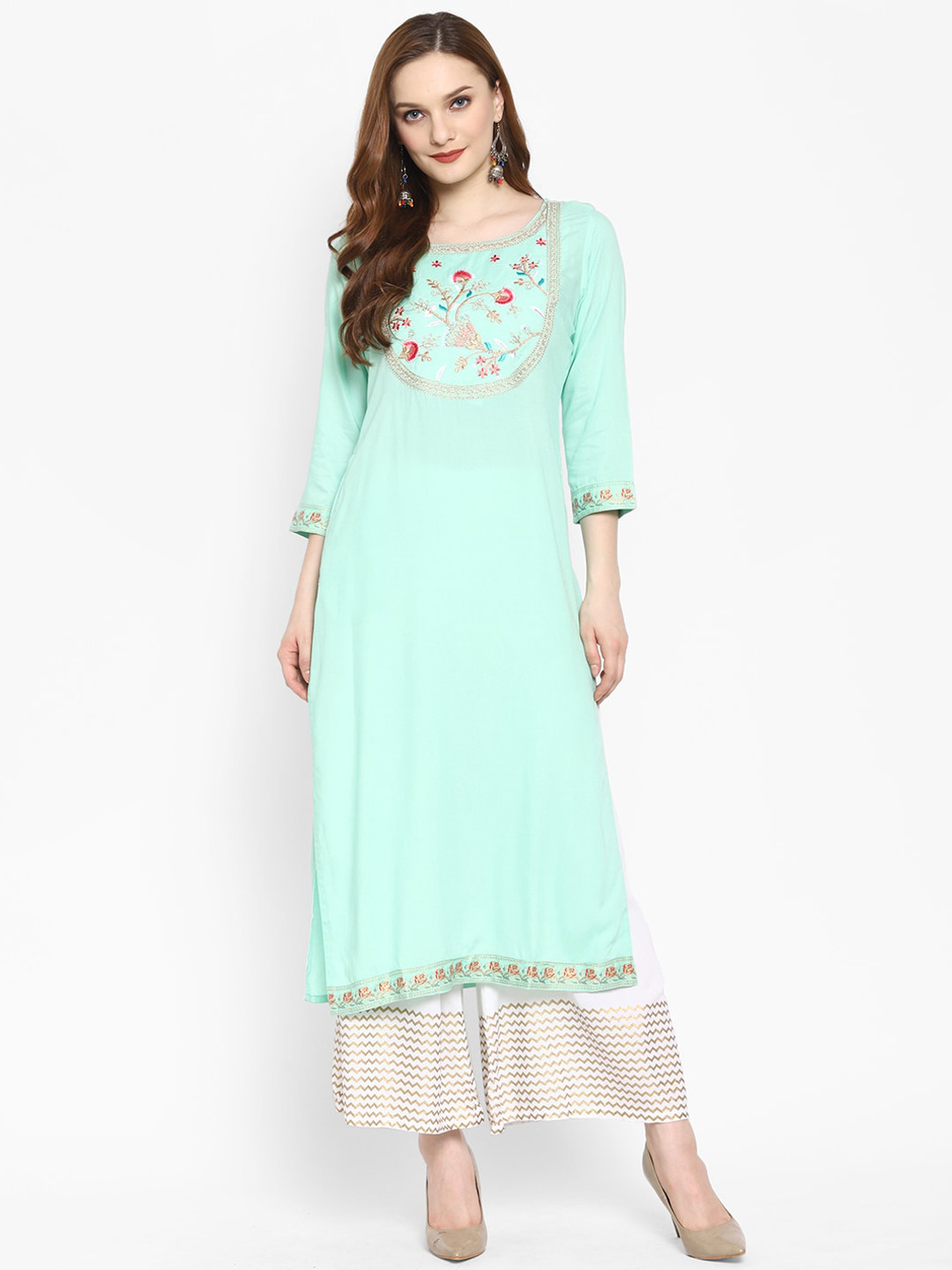 

Ramas Women Sea Green & Pink Floral Yoke Design Thread Work Floral Kurta