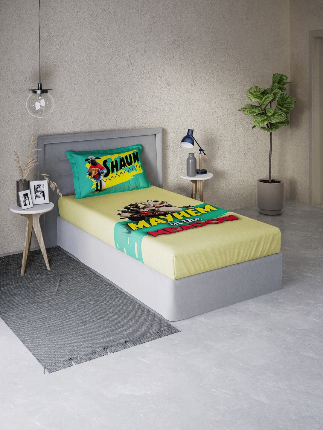 

DDecor Yellow & Green Cartoon Characters 210 TC Single Bedsheet with 1 Pillow Covers